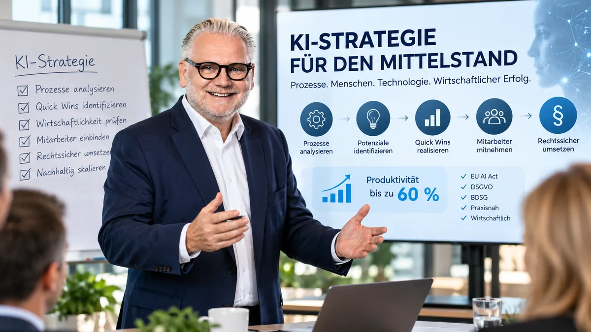 Volker Kruse erläutert vor einer Präsentation die KI-Strategie für den Mittelstand: Prozesse analysieren, Potenziale identifizieren, Quick Wins realisieren, Mitarbeiter mitnehmen, rechtssicher umsetzen